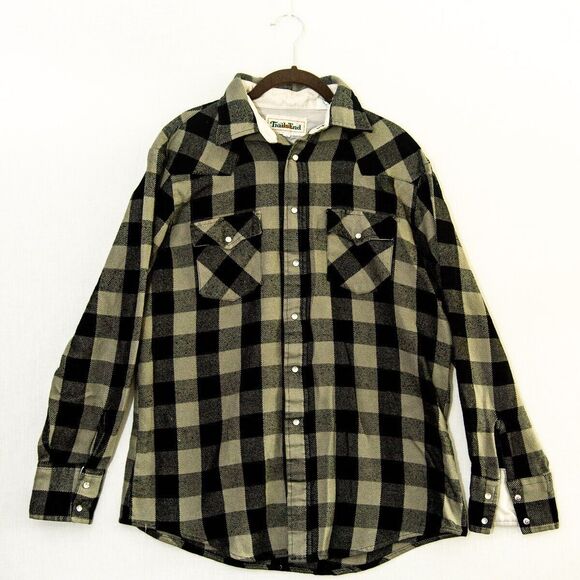 Trails End L Gray Black Plaid Flannel Men's Pearl Snap button down Shirt - Picture 1 of 6